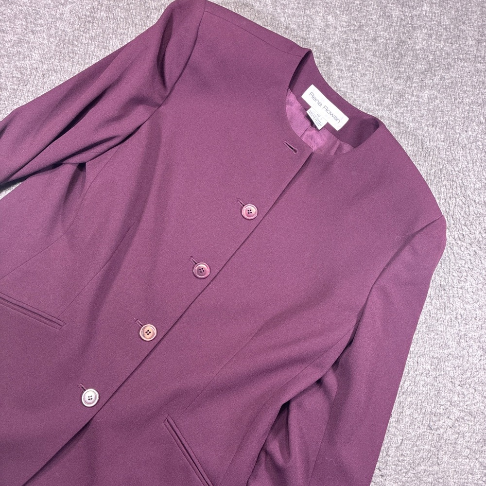Vintage Rena Rowan Blazer Women 14 Purple Collarless Button Front 80s